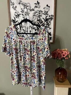 Style & Co Petite Dainty Bloom Printed Flutter Sleeve Multicolor Cotton Modal XL
